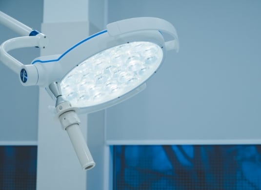 Closeup of an articulating lamp on a portable surgical light.