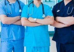 row of 7 medical workers advocating for eye protection in medical facilities